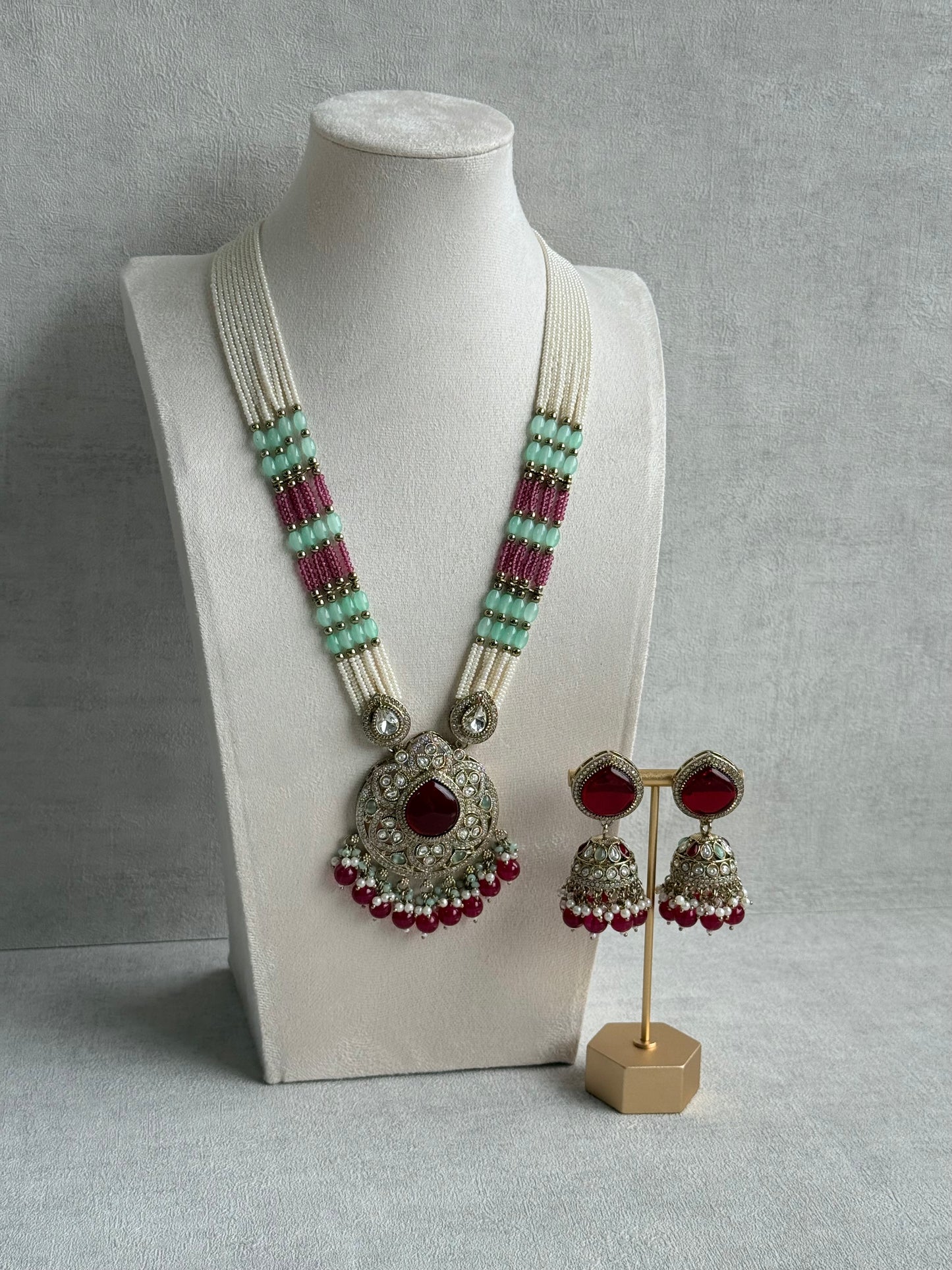 Ayura Designs Brielle Set – Necklace & Jhumkis with Mirror-Cut Stones, Ruby Red, Mint Green & Ivory Pearl Detailing