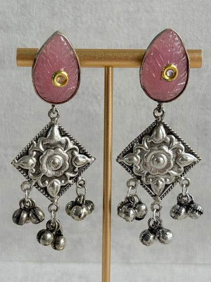 Ayura Designs Jiyana Collar Necklace Set – Blush Pink & Aqua Green Carved Teardrop Stones & Oxidised Silver Finish