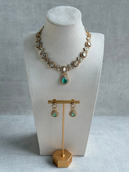 Ayura Designs Gazia Necklace Set with Earrings – Kundan, Mint Green Stones & Gold Finish
