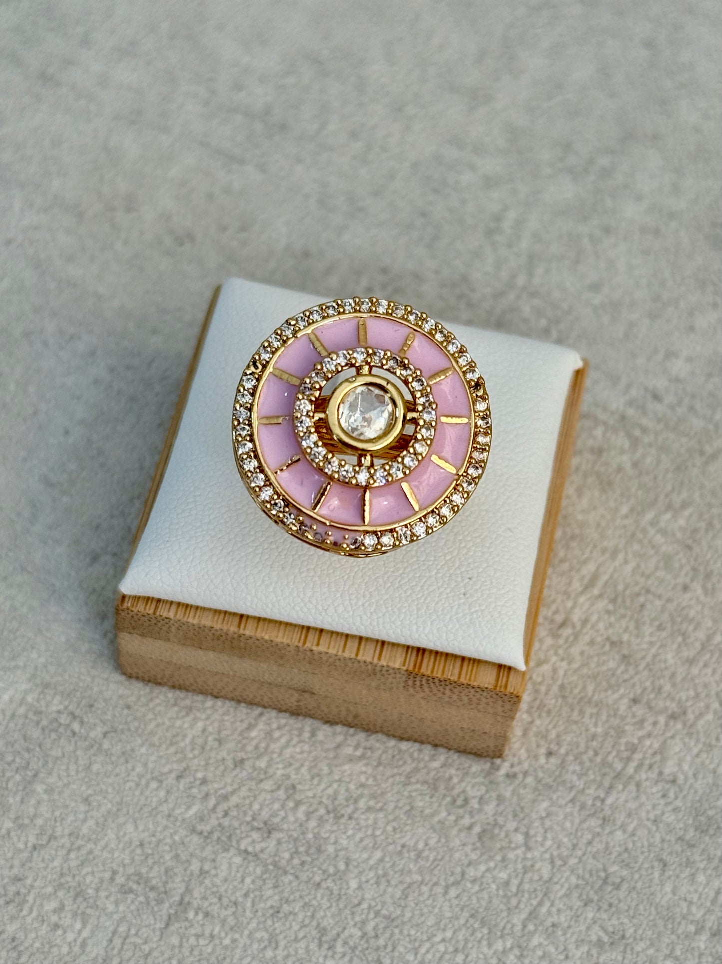 Ayura Designs Maisie Adjustable Ring – Blush Pink Enamel with Crystal Border & Moissanite Centre