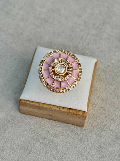 Ayura Designs Maisie Adjustable Ring – Blush Pink Enamel with Crystal Border & Moissanite Centre