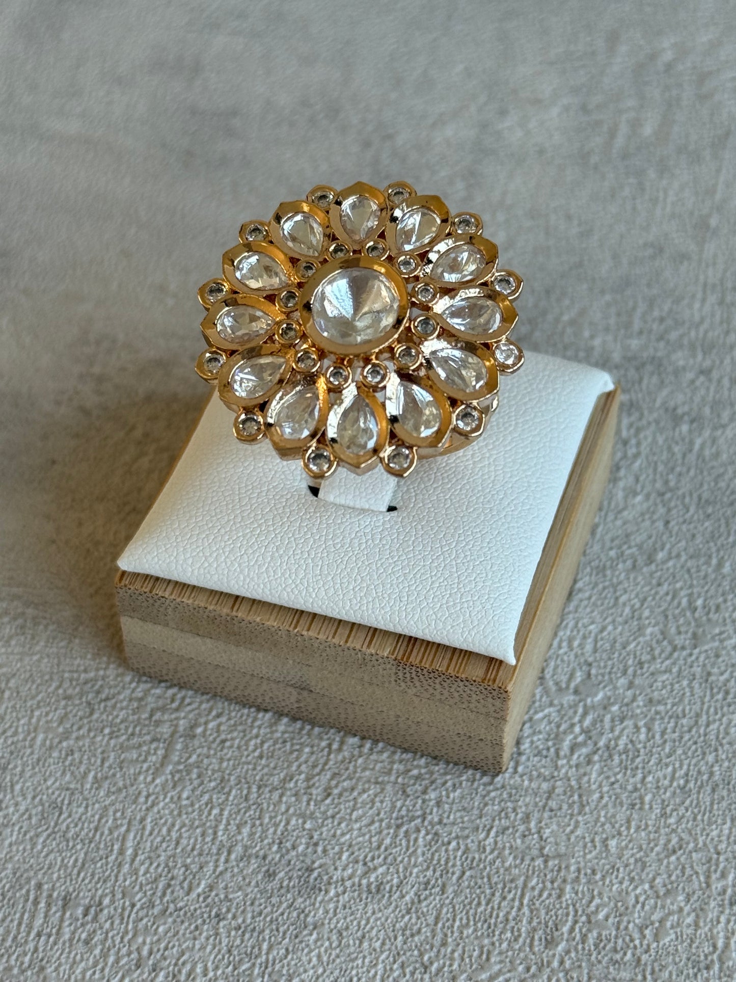 Ayura Designs Luisa Adjustable Ring – Crystal Centre Stone with Crystal Petal Detailing