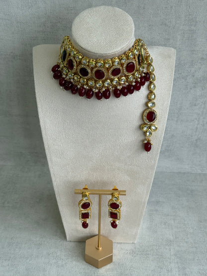 Ayura Designs Ishi Set With Choker, Earrings & Tikka – Kundan Stones With Deep Maroon Beads