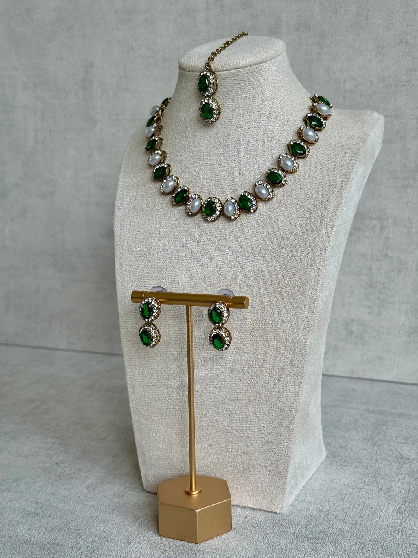 Ayura Designs Eira Set – Necklace, Earrings & Tikka with Emerald Green & Ivory Oval Stones in Antique Gold