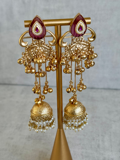 Ayura Designs Prisha Earrings – Antique Gold Jhumkas with Ruby Red Studs, Pearl Detailing & Long Dangling Chains