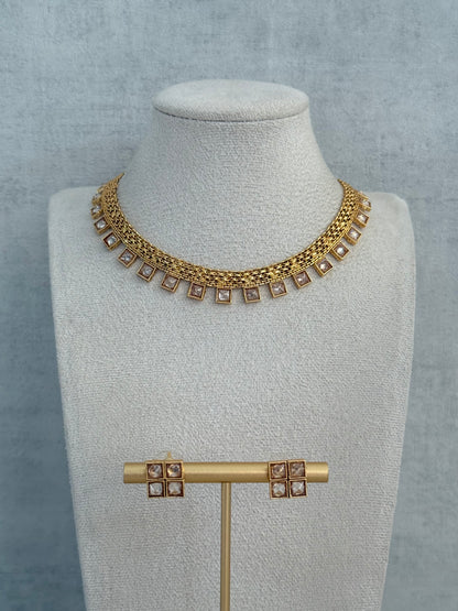 Ayura Designs Bhawani Set with Necklace & Stud Earrings – Square-Cut Kundan Stones in Antique Gold Finish
