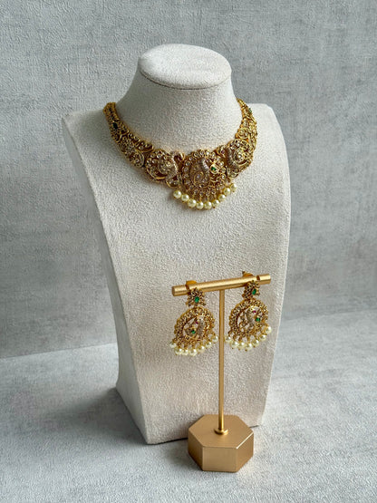 Ayura Designs Vedya Set – Antique Gold Peacock Necklace with Kundan, Emerald & Pearl Detailing