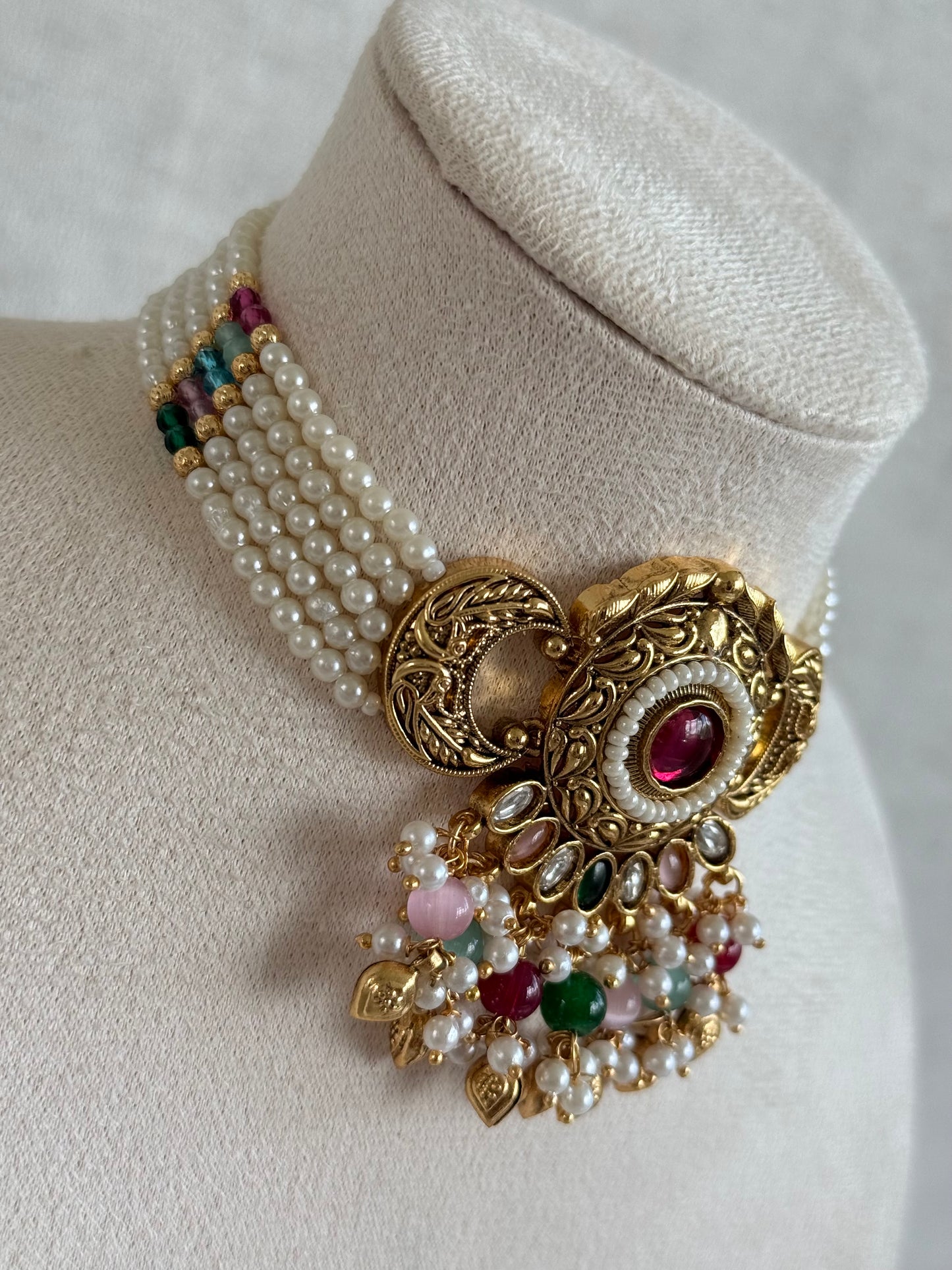 Ayura Designs Mehr Choker Set with Earrings & Tikka – Multicolour Beads, Ruby Pink Centre Stones, Pearl Strands & Antique Gold Finish