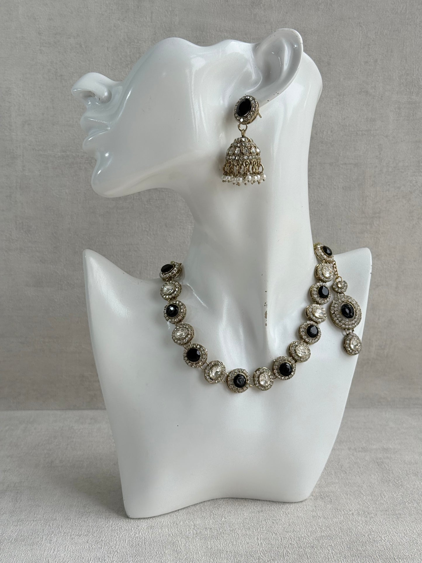 Ayura Designs Eira Necklace Set with Earrings & Tikka – Black & Crystal Stones with Antique Gold Finish