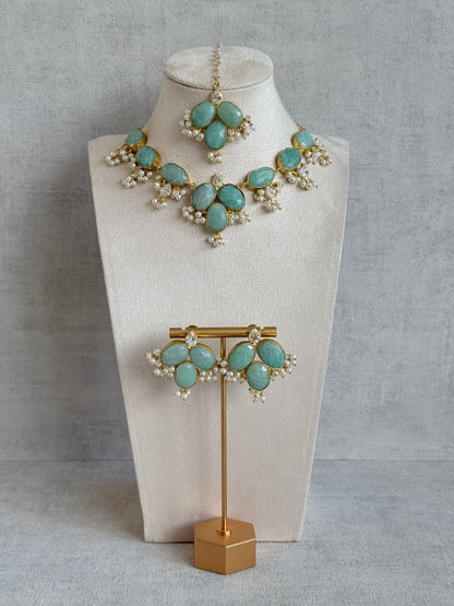 Ayura Designs Anahita Set with Tikka & Earrings – Amazonite, Crystals & Pearls