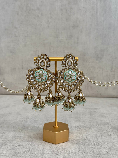 Ayura Designs Issa Earrings – Opulent Gold & Sahare Chandbali Jhumkas with Mint Green Enamel, Polki Kundan & Pearl Elegance