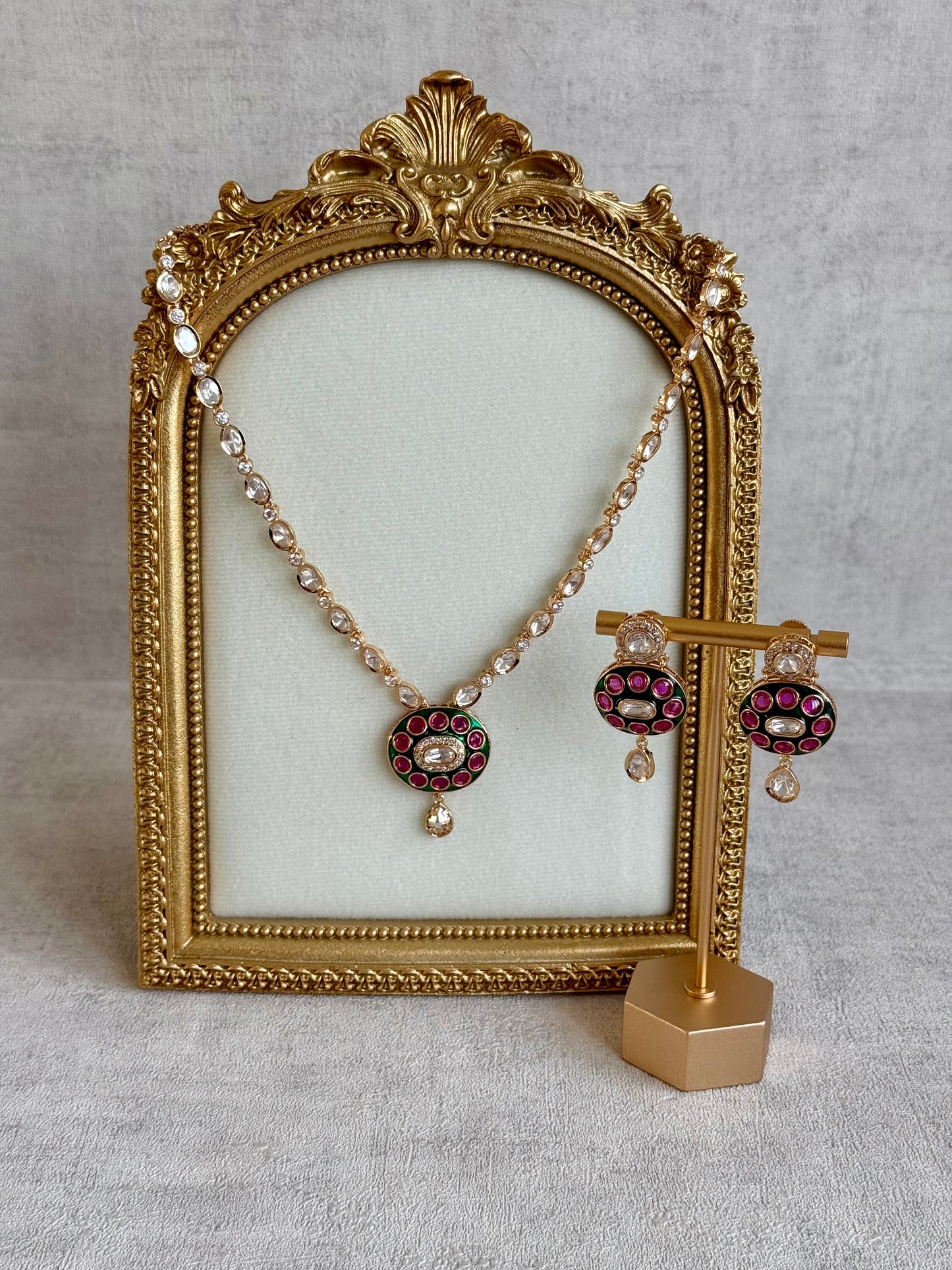 Ayura Designs Jiya Set with Earrings – Oval Motif, Pink & Green Meenakari with Crystal Detailing