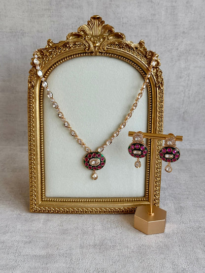 Ayura Designs Jiya Set with Earrings – Oval Motif, Pink & Green Meenakari with Crystal Detailing