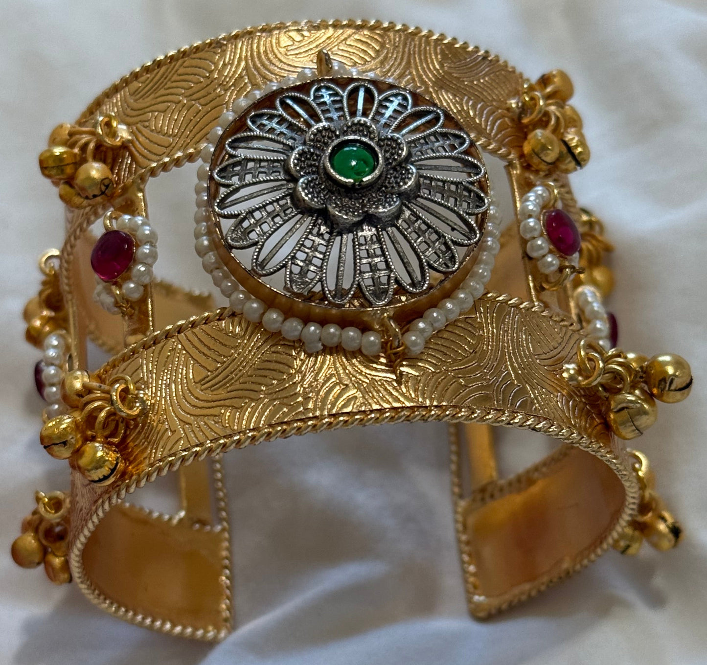 Ayura Designs Omita Adjustable Kashmiri Cuff Bracelet – Floral Medallion with Pearl, Ruby & Emerald Detailing