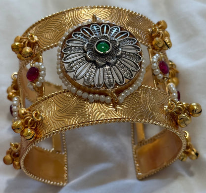 Ayura Designs Omita Adjustable Kashmiri Cuff Bracelet – Floral Medallion with Pearl, Ruby & Emerald Detailing