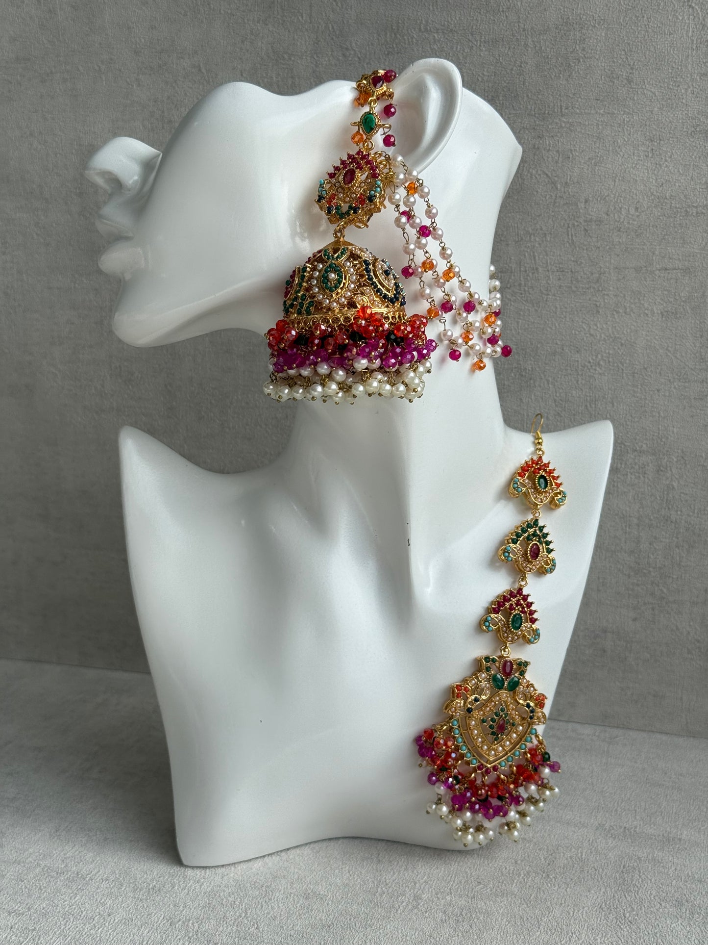 Ayura Designs Safia Tikka Set with Sahare Earrings – Multicolour (Orange, Pink & Ivory Beads)