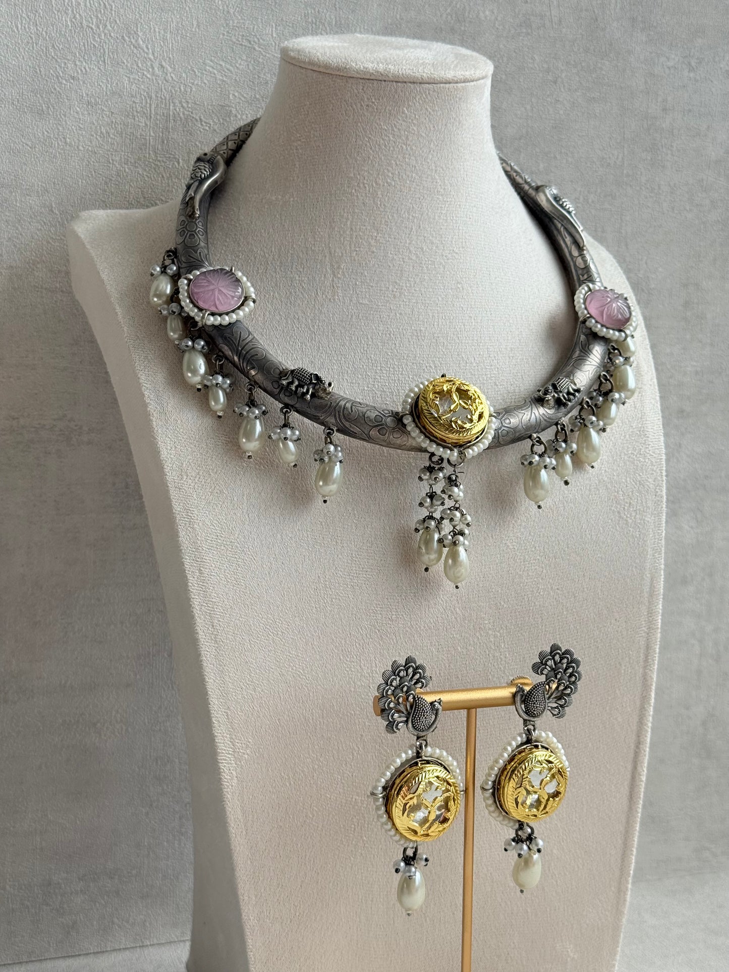 Ayura Designs Zareen Torque Necklace Set with Earrings – Dual Tone Oxidised Collar Necklace with Coin Detailing, Pearl Drops & Peacock Motifs