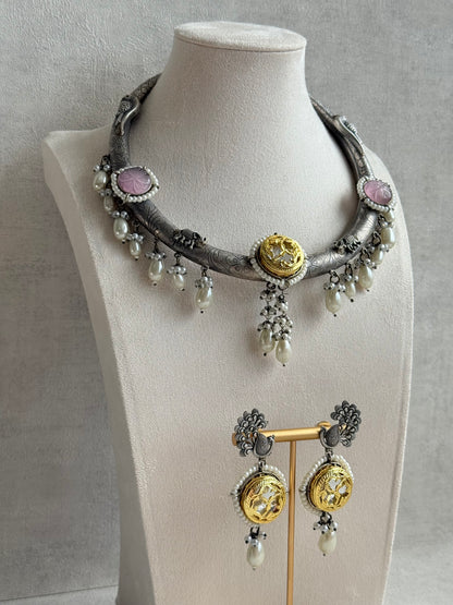 Ayura Designs Zareen Torque Necklace Set with Earrings – Dual Tone Oxidised Collar Necklace with Coin Detailing, Pearl Drops & Peacock Motifs