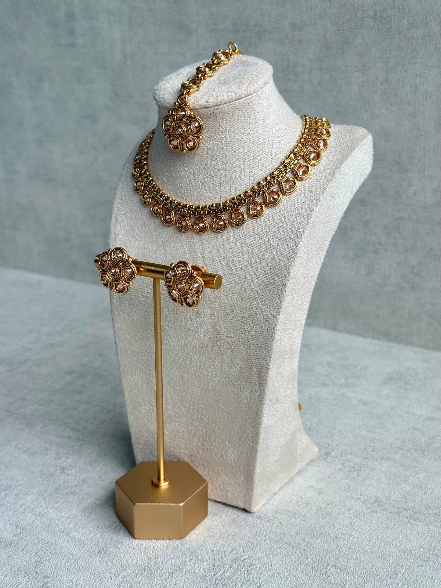 Ayura Designs Amala Set with Necklace, Studs & Tikka – Mirror-Cut Stones in Antique Gold Finish