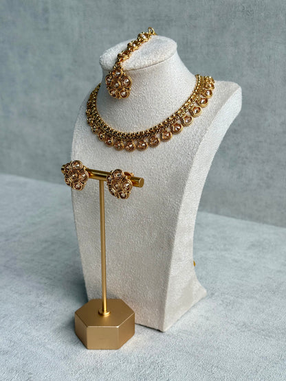Ayura Designs Amala Set with Necklace, Studs & Tikka – Mirror-Cut Stones in Antique Gold Finish