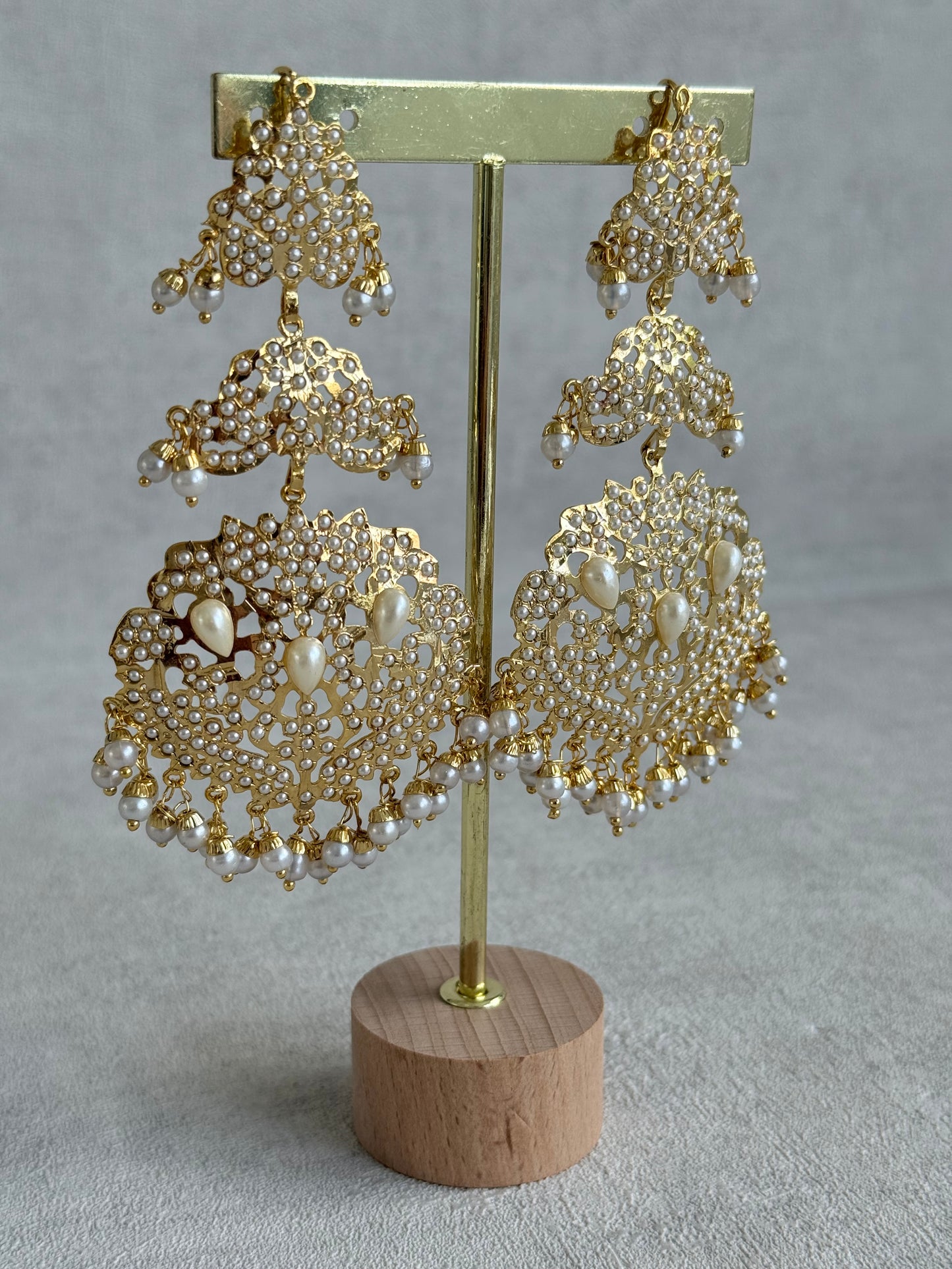 Ayura Designs Zarrar Earrings – Gold Jadau Filigree Statement Earrings with Pearl Drops