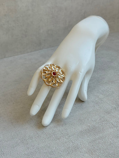 Ayura Designs Elisa Adjustable Ring – Moissanite Floral Ring with Rani Pink Centre & Crystal Border