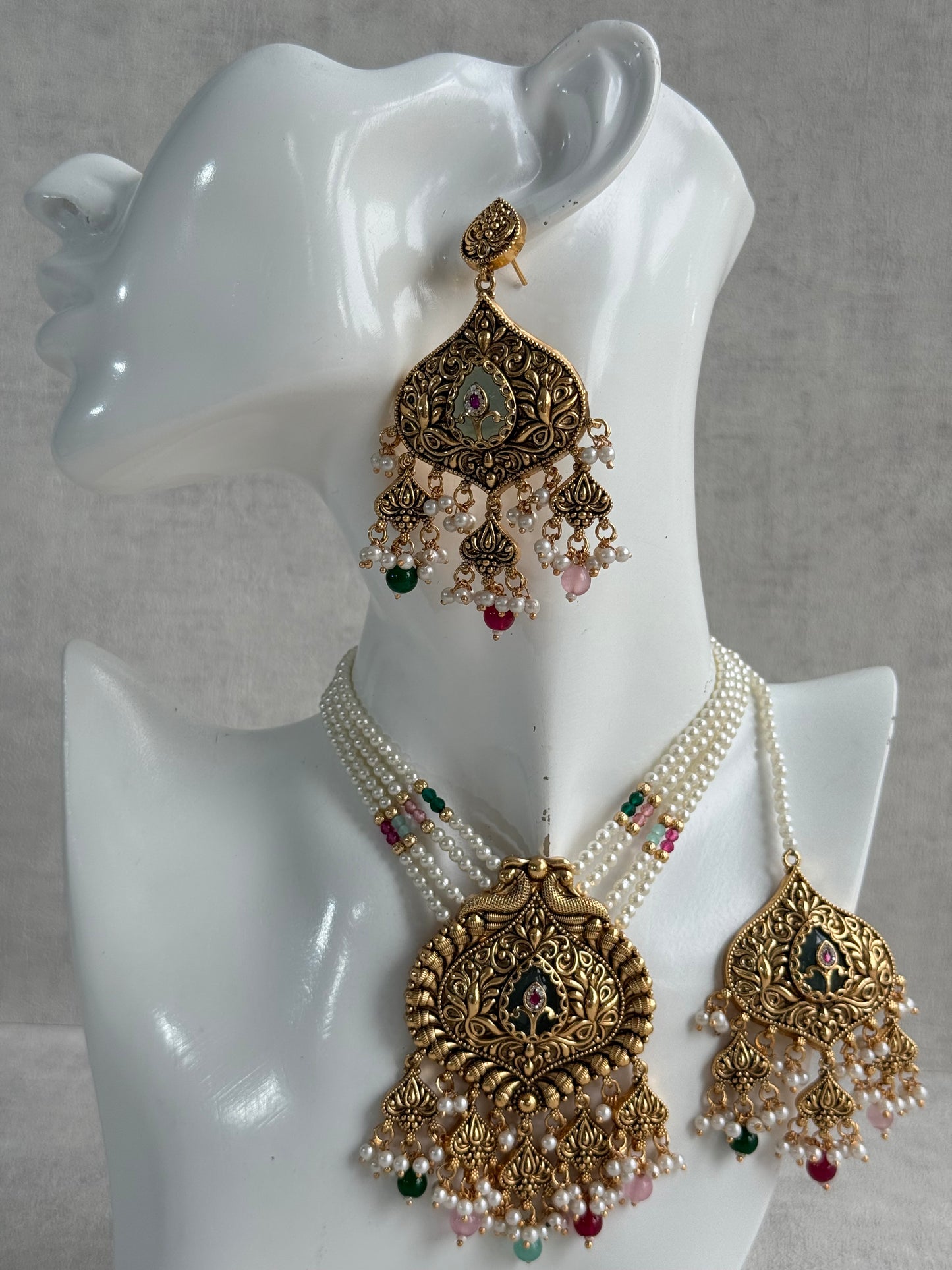 Ayura Designs Afia Necklace Set with Earrings & Tikka – Antique Gold, Multicolour Beads, Green Centre Stone & Peacock Motifs
