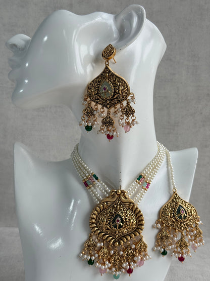 Ayura Designs Afia Necklace Set with Earrings & Tikka – Antique Gold, Multicolour Beads, Green Centre Stone & Peacock Motifs