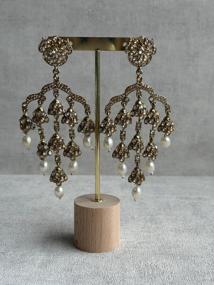 Ayura Designs Jasmine Earrings – Chandelier Earrings with Ivory Pearl Drops & Antique Gold Detailing