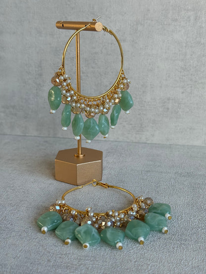 Ayura Designs Heer Balis – Gold Hoops with Mint Marble Beads, Pearls & Crystal Detailing