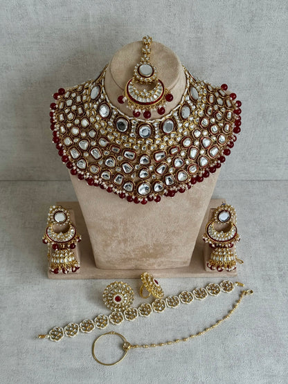 Ayura Designs Gulbadan Bridal Set with Necklace, Jhumkis, Tikka, Nath, Ring & Sheeshphool – Jadau Kundan Craftsmanship with Mirror-Cut Polki, Ruby Red Stones & Antique Gold Finish