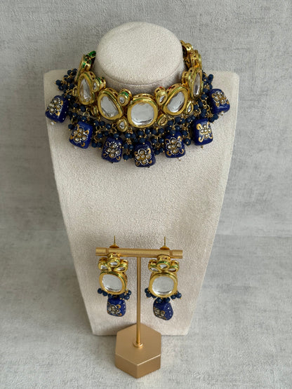 Ayura Designs Gyan Set With Choker And Earrings – Kundan Stones And Navy Blue Meenakari Drops
