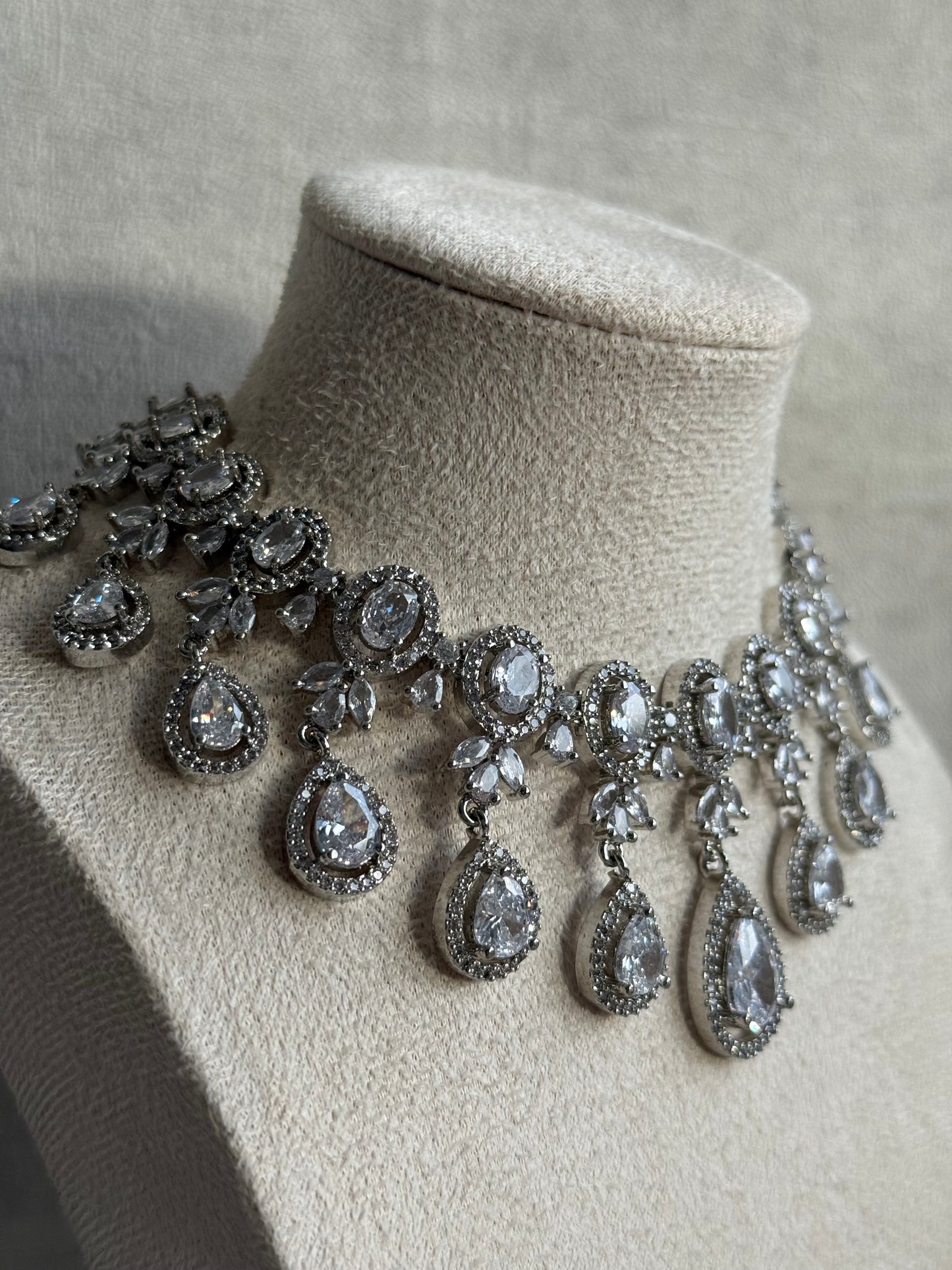 Ayura Designs Grace Set with Necklace & Earrings – Pear-Cut Moissanite Stones, Halo Detailing & Antique Silver Finish