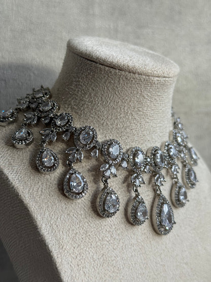 Ayura Designs Grace Set with Necklace & Earrings – Pear-Cut Moissanite Stones, Halo Detailing & Antique Silver Finish