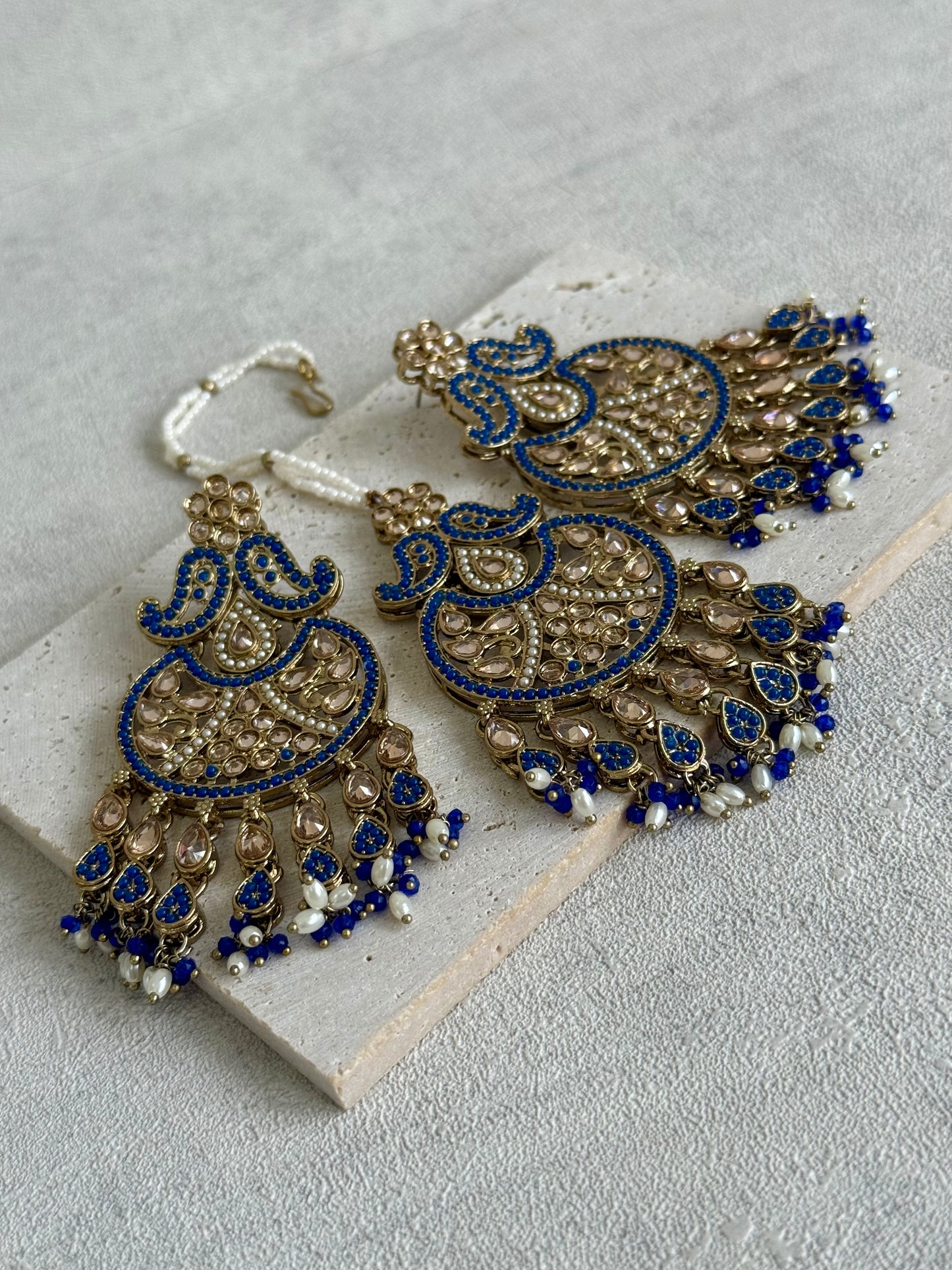 Ayura Designs Anvi Tikka Set with Earrings – Ink Blue with Champagne Stones & Pearl Drops