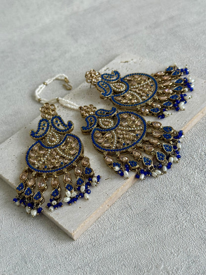 Ayura Designs Anvi Tikka Set with Earrings – Ink Blue with Champagne Stones & Pearl Drops