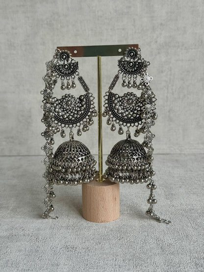 Ayura Designs Jhoomar Jhumkis – Oxidised Silver Earrings with Tribal Motifs, Ghungroos & Sahare
