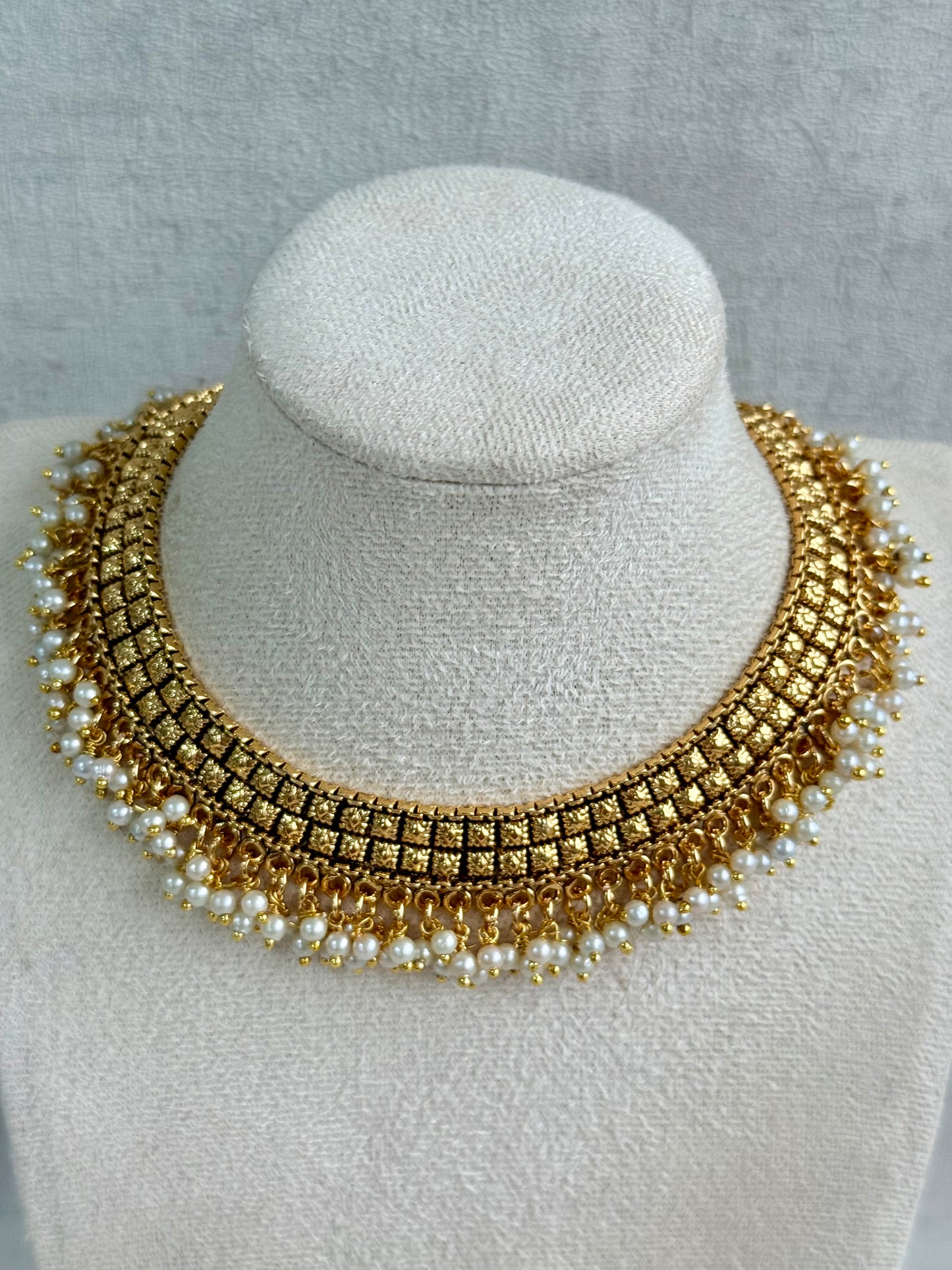 Ayura Designs Ranya Set – Antique Gold Necklace with Stud Earrings & Pearl Detailing