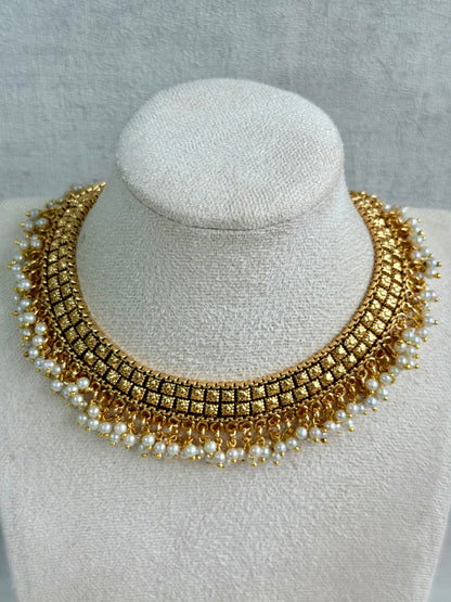 Ayura Designs Ranya Set – Antique Gold Necklace with Stud Earrings & Pearl Detailing