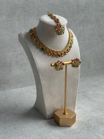 Ayura Designs Amala Set with Necklace, Studs & Tikka – Multicolour Stones & Antique Gold Finish