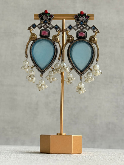 Ayura Designs Kafila Earrings – Dual Tone Oxidised Earrings with Peacock Motifs, Aqua Blue & Multicolour Stones