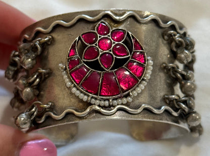 Ayura Designs Ketki Adjustable Cuff Bracelet – Ruby Pink Kundan Floral Motif & Ghungroo Detailing
