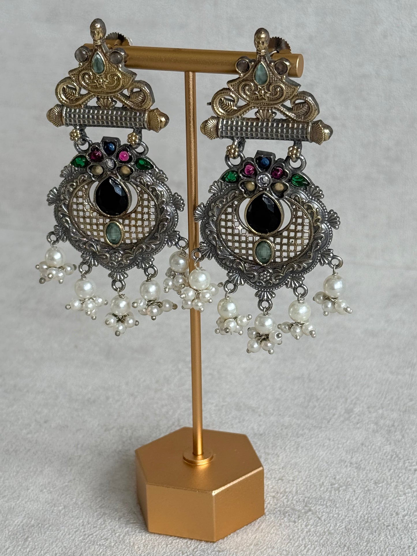 Ayura Designs Taali Earrings – Dual Tone Oxidised Statement Earrings with Multicolour Stones & Pearl Clusters