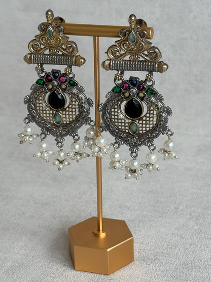 Ayura Designs Taali Earrings – Dual Tone Oxidised Statement Earrings with Multicolour Stones & Pearl Clusters