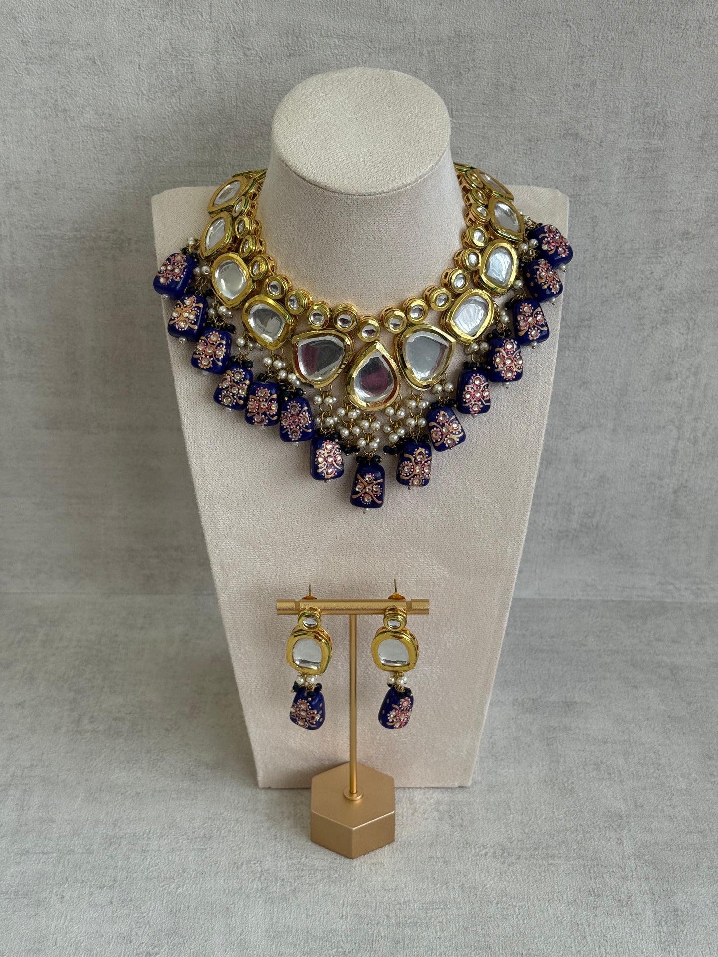Ayura Designs Omika Set With Necklace And Earrings – Kundan Stones And Navy Blue Meenakari Drops