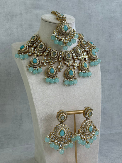 Ayura Designs Janvi Set with Necklace, Earrings & Tikka – Kundan Detailing, Aqua Blue Beads & Ivory Pearl Drops