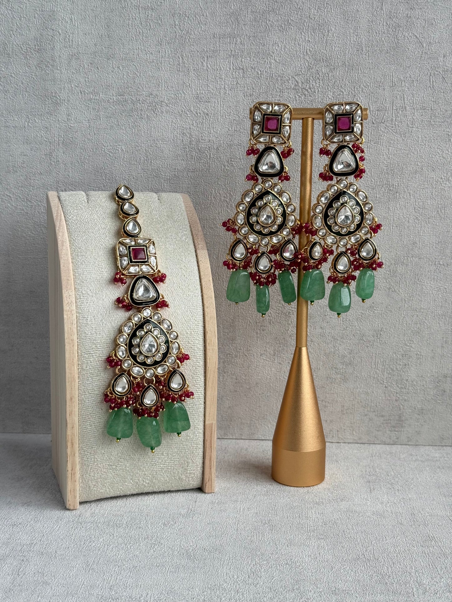 Ayura Designs Zahira Bridal Set with Necklace, Earrings & Tikka – Kundan Detailing with Green Enamel, Pink Stones & Jade Green Beads
