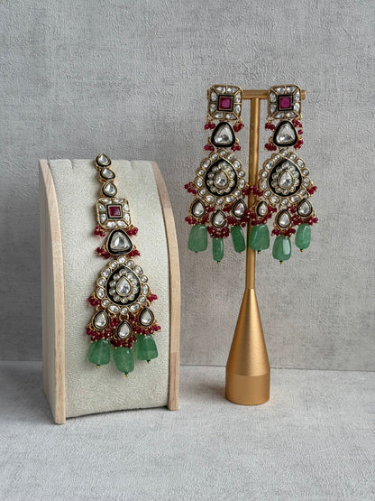 Ayura Designs Zahira Bridal Set with Necklace, Earrings & Tikka – Kundan Detailing with Green Enamel, Pink Stones & Jade Green Beads