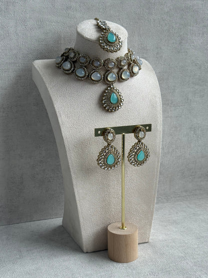 Ayura Designs Tamara Set with Necklace, Earrings & Tikka – Aqua & Opal Stones with Kundan Detailing in Antique Gold Finish