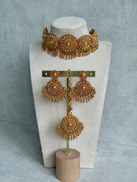 Ayura Designs Nawab Set – Antique Gold Choker, Jhumkis & Tikka with Filigree Medallions